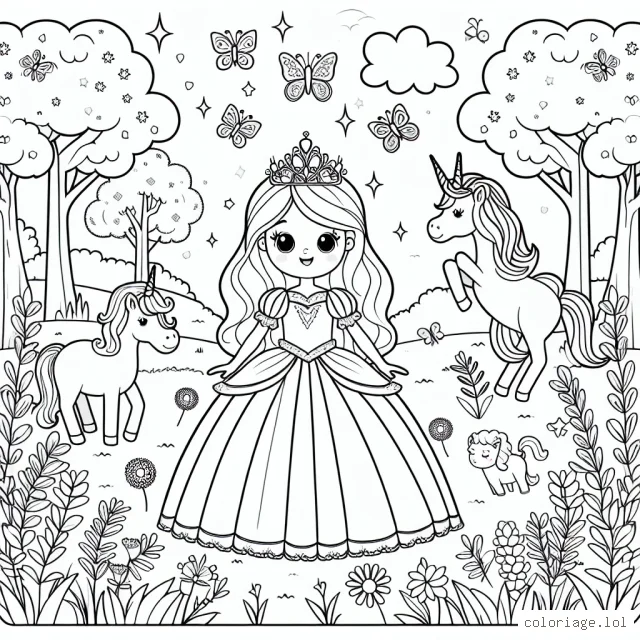 Une princesse dans un jardin enchanté peuplé de licornes et de papillons magiques