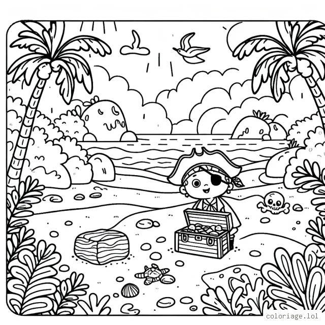 Un enfant pirate cherchant un trésor sur une île mystérieuse.
