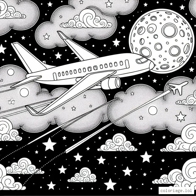 Un avion voyageant dans le ciel étoilé en direction de la lune entourée de nuages flottants avec des étoiles scintillantes tout autour. L'avion est stylisé avec des contours clairs pour faciliter le coloriage. Inclus également des éléments comme l'équipage à bord visible par les fenêtres, l'hôtesse de l'air qui sert les passagers, le pilote dans le cockpit, etc.