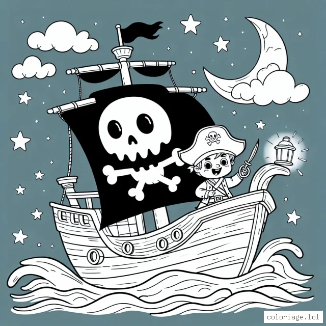 Imagine un pirate courageux partant à l'aventure sur un navire hanté, naviguant sur une mer déchainée sous un ciel étoilé.