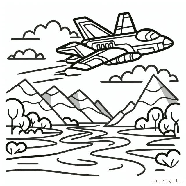 Sur la feuille blanche se dessine fièrement un avion du futur survolant les montagnes et les rivières. Ton objectif est de donner vie à ce paysage et à cet avion avec toutes les couleurs que tu aimes!