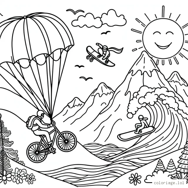 Un parachute à vélo en moto, une planche à neige sur une montagne escarpée et un surfeur chevauchant une vague massive. En arrière-plan, on peut voir un soleil souriant, des nuages et des oiseaux chevauchant le vent.