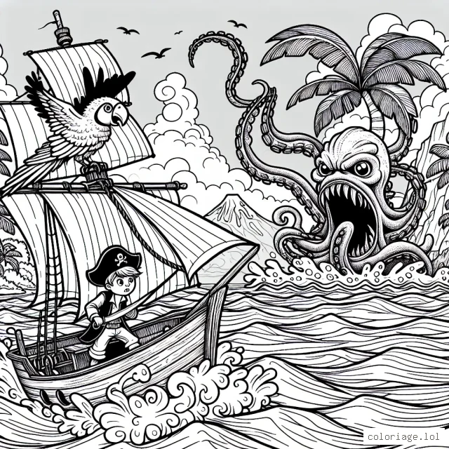 Un jeune pirate courageux navigue sur les vagues houleuses avec son fidèle perroquet, tandis qu'un kraken géant surgit des profondeurs, brandissant ses tentacules menaçants. À l'arrière-plan, une île mystérieuse est visible, complète avec un volcan fumant et une jungle luxuriante.