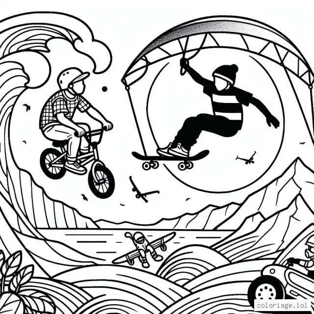 Une scène montrant une épreuve de sports extrêmes, impliquant du skateboard, du surf, du BMX et du saut à l'élastique.