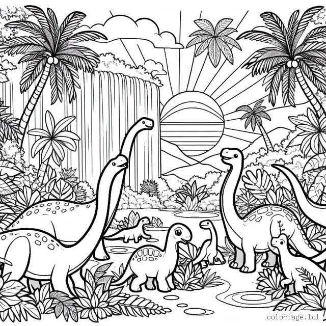 Imagine un groupe de dinosaures qui jouent dans la jungle pleine de plantes luxuriantes et de chutes d'eau. Chaque dinosaure est différent: certains sont grands avec de longs cous, d'autres sont petits avec de grandes griffes. Et à l'arrière-plan, le soleil se couche, teintant le ciel de belles couleurs.