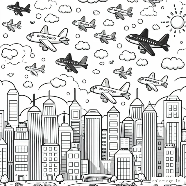 Un essaim joyeux d'avions survolant une ville animée.