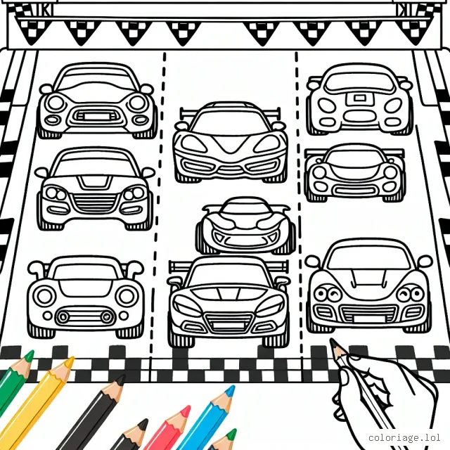 Des voitures de différentes marques sont alignées devant la ligne de départ de la course. Colorie chacune en utilisant les vraies couleurs de leur marque.