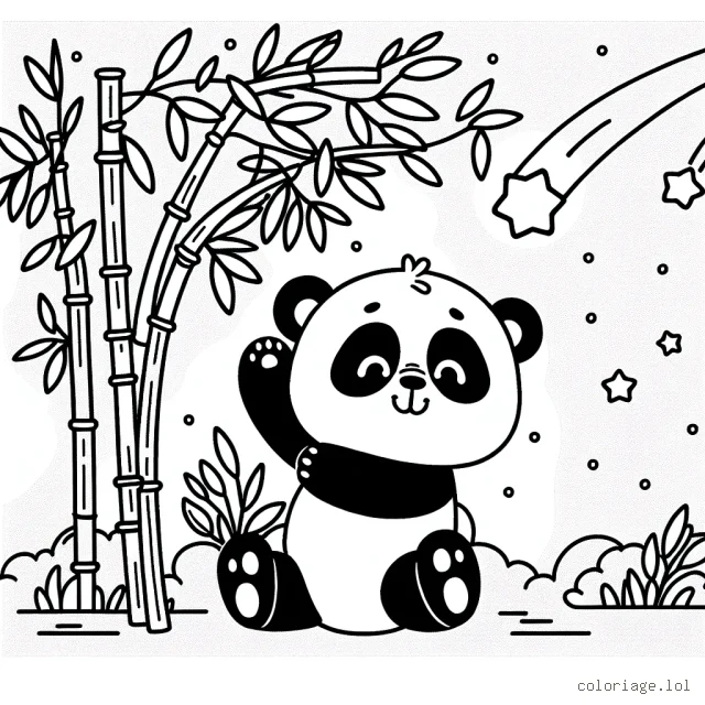 Un petit panda qui joue dans un arbre de bambou sous une pluie d'étoiles filantes
