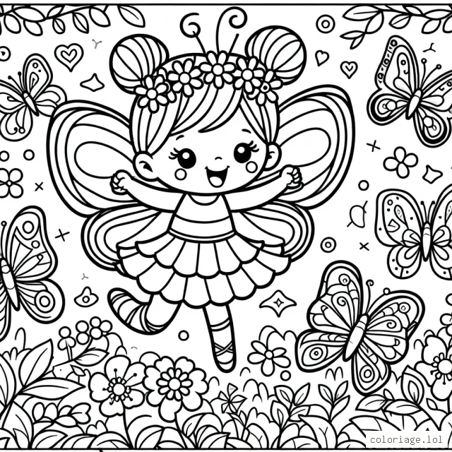 Une petite fée espiègle avec ses amis les papillons dans un jardin coloré