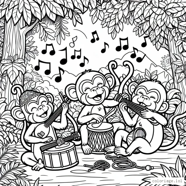Une troupe de singes jouant avec des instruments de musique dans la jungle