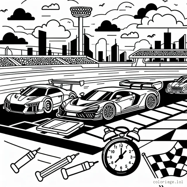 Dessine une course palpitante avec des voitures sportives sur une piste de course.