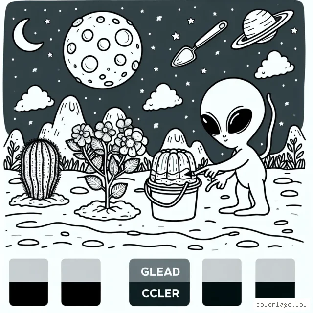 Un extra-terrestre rigolo plantant un jardin de gelée sur la lune
