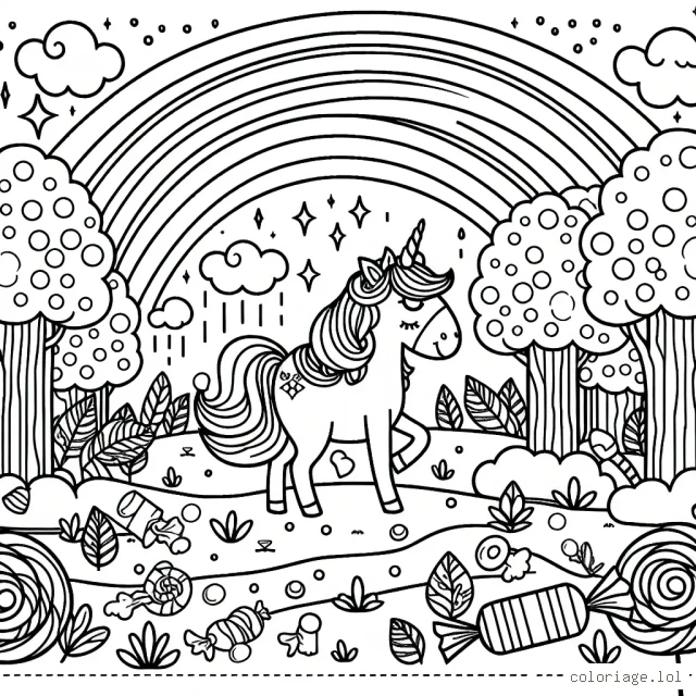 Dessine une licorne enchantée se promenant dans une forêt de bonbons sous un arc-en-ciel éclatant.