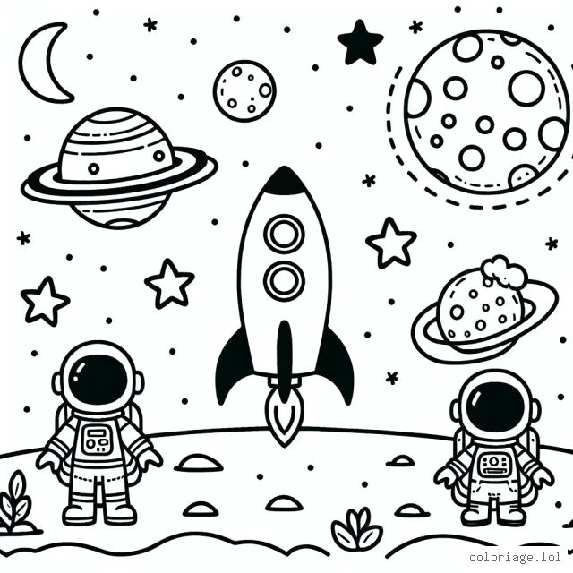 Une scène spatiale avec une fusée, des astronautes, la lune, les planètes et des étoiles