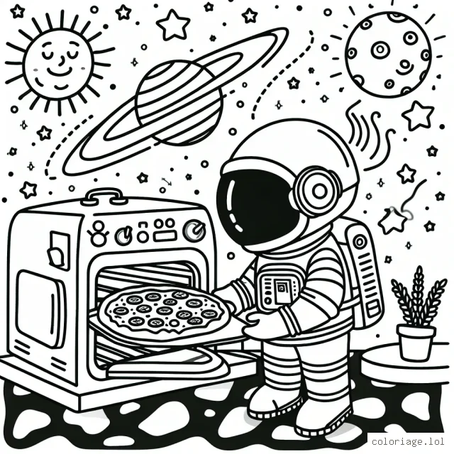 Un astronaute prend une pizza hors de son four spatiale, avec notre système solaire en arrière plan.