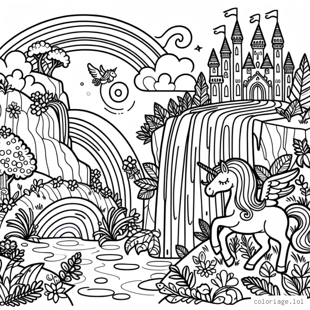 Imagine un paysage féérique avec une licorne, une cascade arc-en-ciel et un château magique sur une colline verdoyante