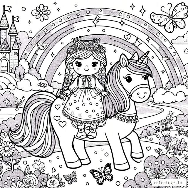 Une petite princesse aux longs cheveux tressés est en train de monter un adorable cheval rose à pois. Autour d'eux il y a un paysage féerique, avec un arc-en-ciel, des papillons multicolores, des licornes, des fleurs éclatantes et un château scintillant au loin.