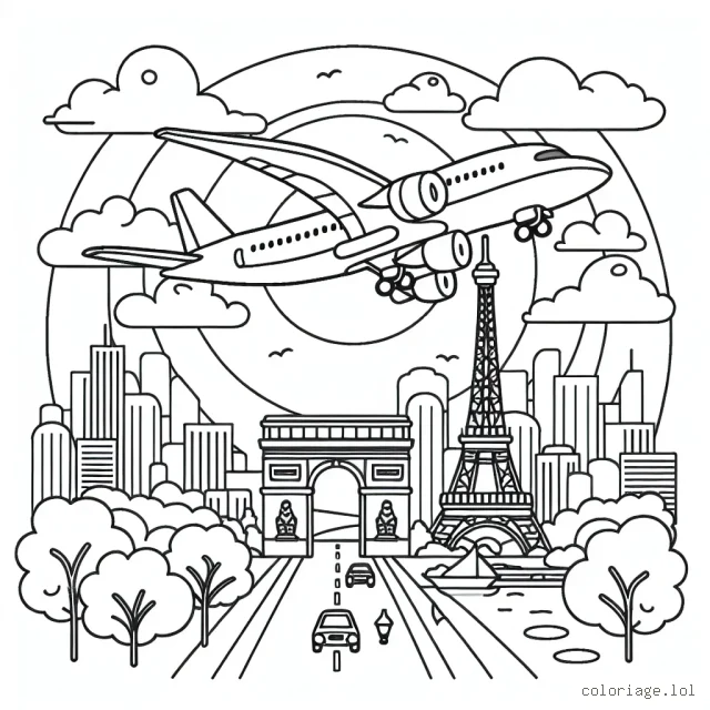 Imagine un célèbre avion de ligne survolant la ville de Paris avec la Tour Eiffel et l'Arc de Triomphe en arrière-plan.