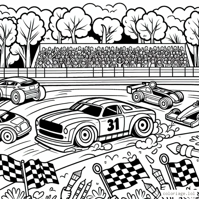 Dessine une scène de course de voitures avec des voitures de différentes formes et tailles. N'oublie pas de remplir le paysage avec des arbres et des gradins remplis de fans qui applaudissent et soutiennent leurs voitures préférées.