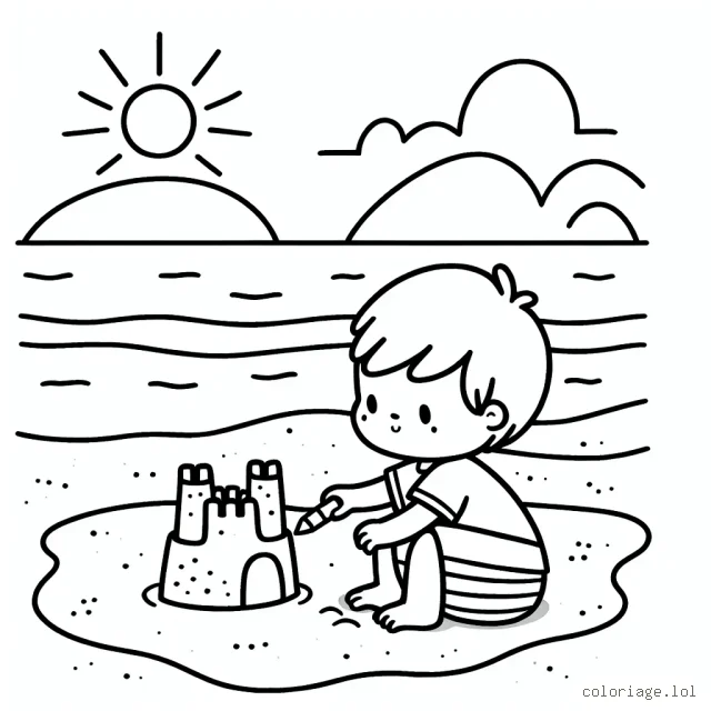 Un petit garçon jouant avec son château de sable sur la plage pendant une belle journée d'été.