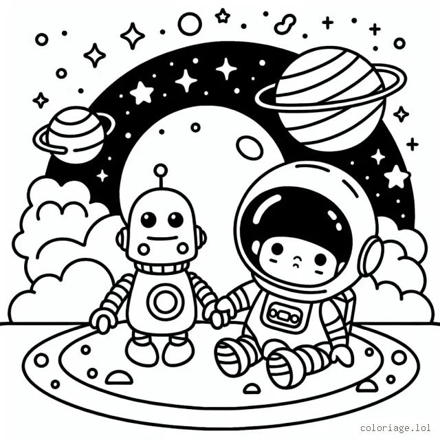 Un petit astronaute explore une planète colorée en compagnie de son fidèle robot