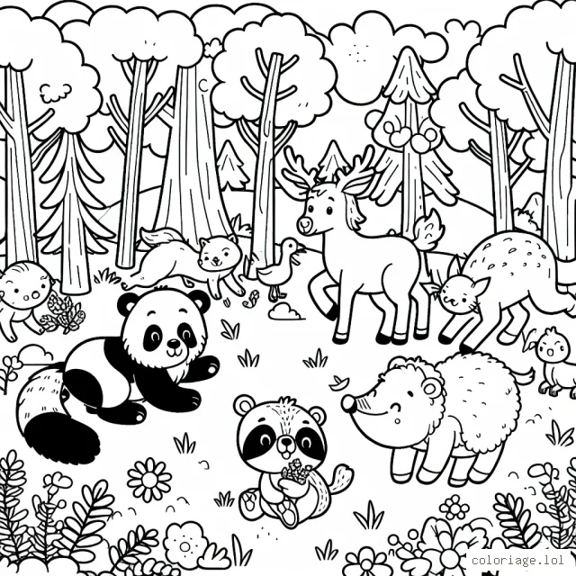 Créer un coloriage avec des animaux de la forêt jouant ensemble dans une clairière