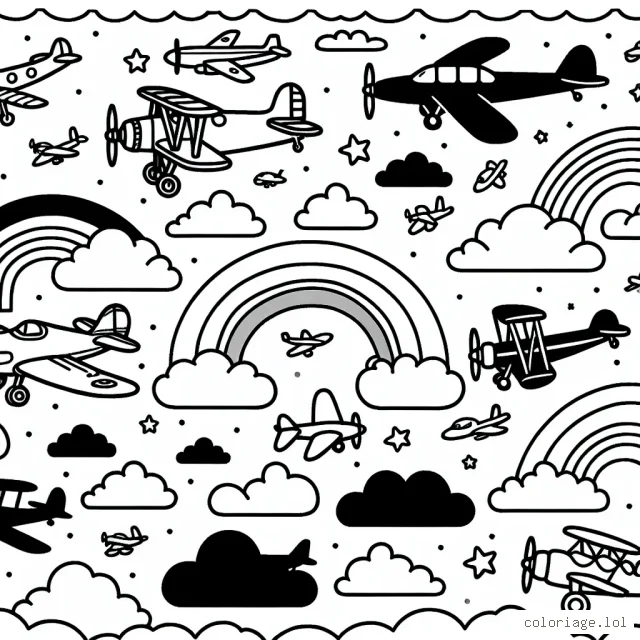 Imagine un beau ciel avec plusieurs avions qui volent, y compris des jets, des avions à hélice et des biplans. Il y a aussi diverses formes de nuages. Chaque avion a une forme différente à colorier, ainsi que l'arc-en-ciel qui se trouve dans l'arrière-plan.