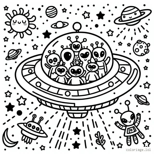 Un vaisseau spatial dans l'espace avec des extraterrestres joyeux