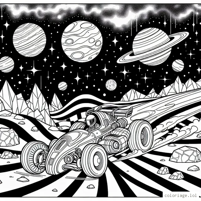 Une course épique de voitures spatiales intergalactiques avec des planètes multicolores en arrière-plan