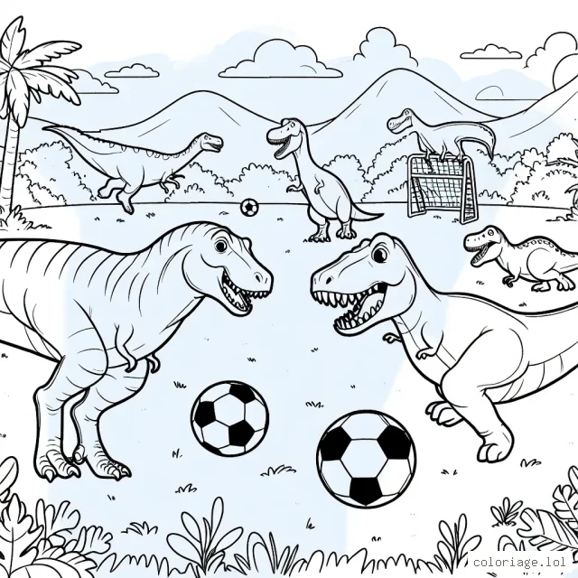 Imprime ce dessin d'un dinosaure T-rex jouant au football avec ses amis dans un parc jurassique