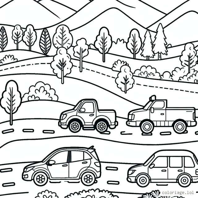 Dessiner différentes marques de voitures rouler sur une route sinueuse au milieu de la campagne