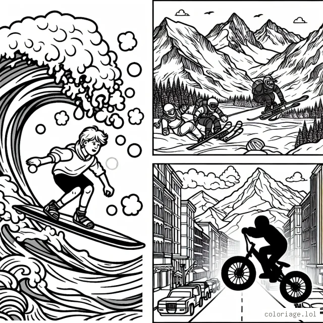 Un jeune garçon surfe sur une énorme vague, des montagnes enneigées avec des skieurs font des sauts impressionnants, unexploit en VTT sur un terrain rocailleux, et une descente périlleuse en skateboard dans une rue animée de ville.
