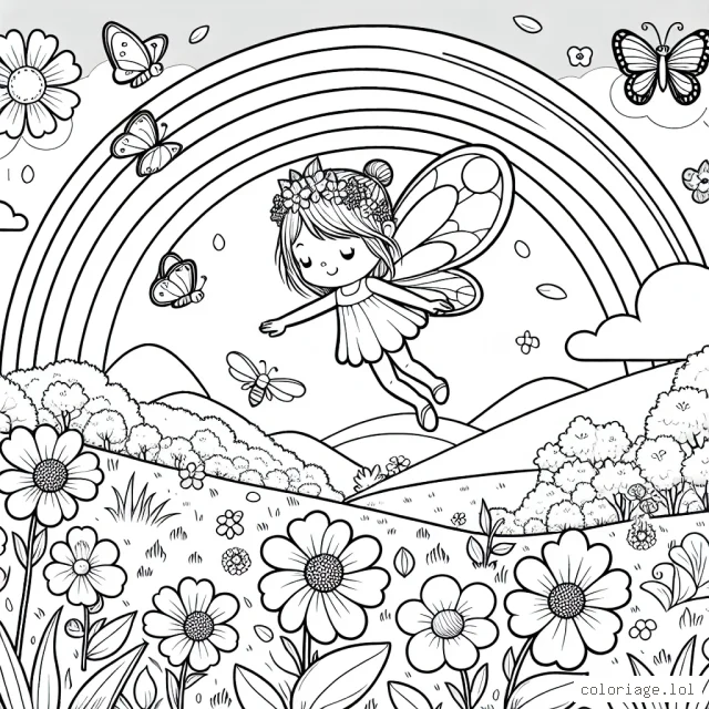 Une petite fée vole au-dessus d'une prairie fleurie, tandis qu'un arc-en-ciel lumineux traverse le ciel. Un papillon, une coccinelle et un colibri accompagnent la fée dans son aventure.