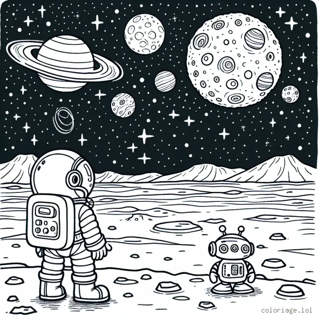 Un petit garçon habillé en astronaute se tient au bord d'un cratère lunaire, regardant le système solaire dans le ciel étoilé. Il est accompagné d'un petit robot de l'exploration spatiale.