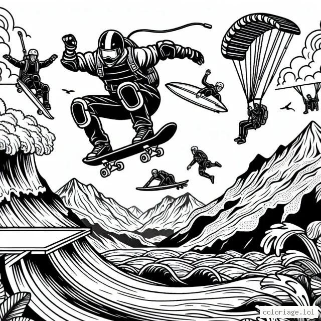 Un parc de skate avec un skateur en plein saut au-dessus d'une rampe, des surfeurs attrapant des vagues massives en fond. Il y'a également un parachutiste descendant du ciel et des escaladeurs gravissant une montagne escarpée. Chaque sportif porte un équipement de protection et est entouré d'un paysage incroyable et unique.