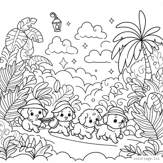 Un groupe de chiots aventureux traversant une jungle mystique