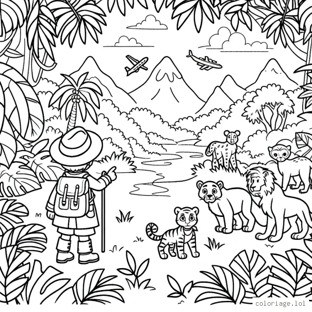 Scène de jungle avec Animaux et Explorateur