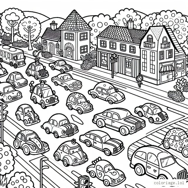 Imagine un coloriage où une parade de voitures défile dans une petite ville animée. Les voitures sont de toutes formes et tailles. Certaines ont une forme classique, tandis que d'autres ressemblent à des animaux, des fruits ou ont d'autres formes imaginatives. Il y a aussi des détails à colorier dans le paysage, comme des maisons, des arbres, des piétons et même quelques feux de circulation.