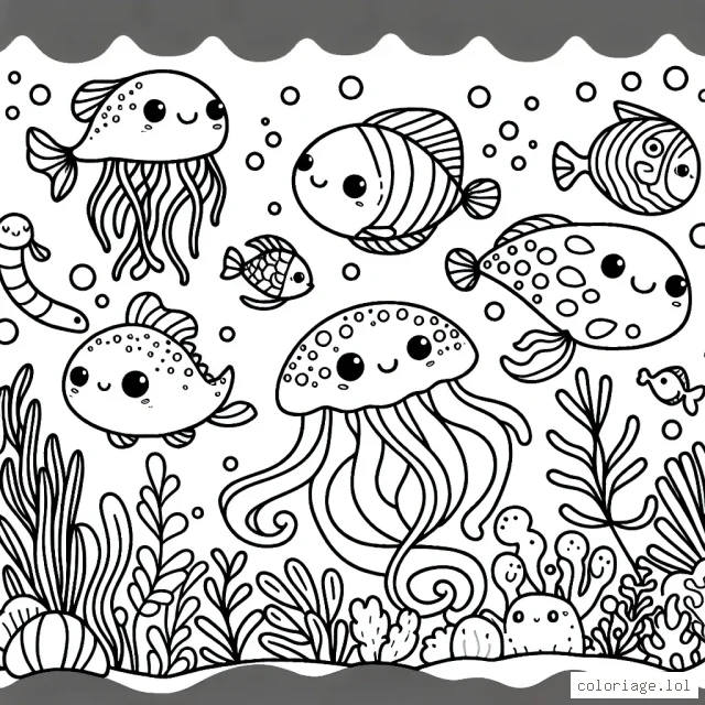 Imagine un monde sous-marin féerique où les poissons prennent des formes et des couleurs incroyables. Peux-tu les rendre encore plus extraordinaires avec tes couleurs?