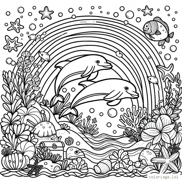 Un monde sous-marin rempli de poissons joyeux et colorés, des dauphins qui sautent au-dessus de l'arc-en-ciel, des étoiles de mer qui dansent autour de trésors cachés
