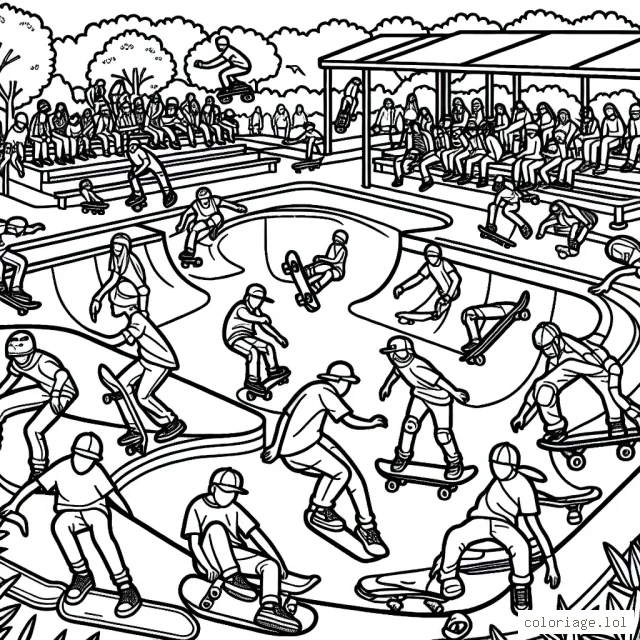 Un grand Skatepark bruyant avec différents passionnés de sports extrêmes en plein action.