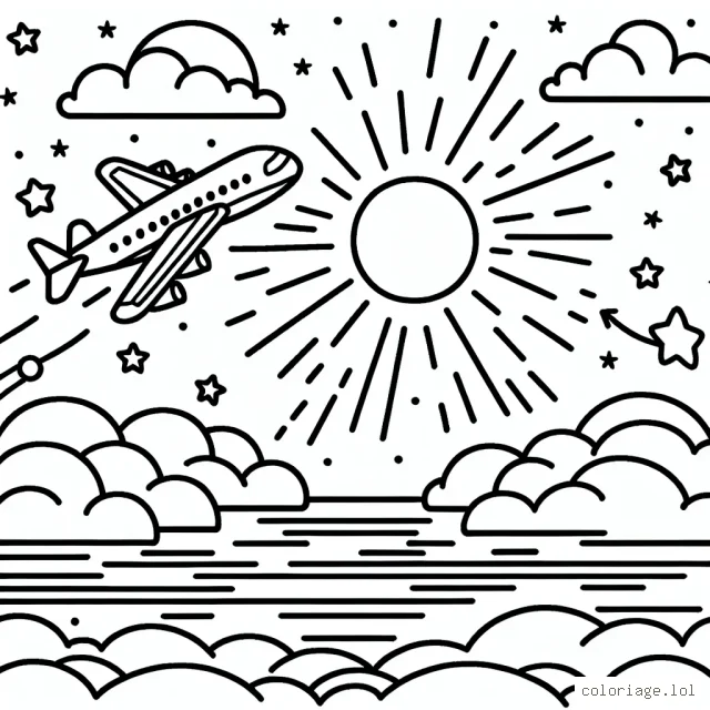 Imagine un avion volant au-dessus des nuages avec le soleil qui se couche à l'horizon. Des étoiles commencent à apparaitre dans le ciel. Les enfants pourront colorier l'avion, le ciel, le soleil, les nuages et les étoiles.