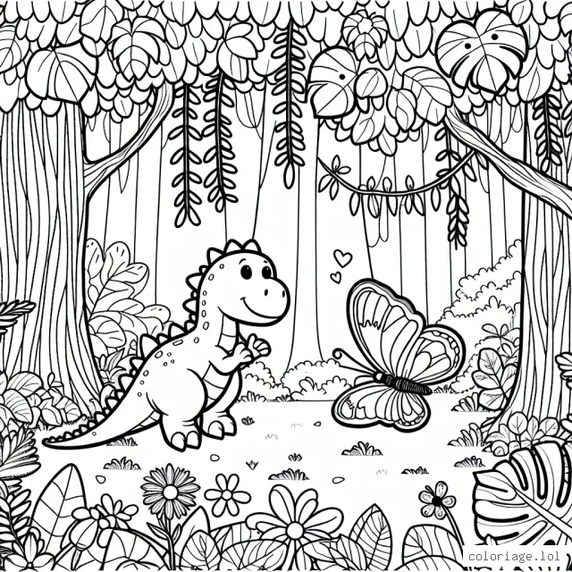 Imagine et dessine une scène où un petit dinosaure et un papillon jouent hide and seek dans une forêt tropicale magique.