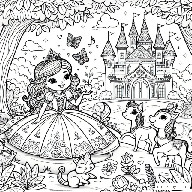 Un dessin de princesse dans son château magique, entourée de ses amis animaux dans un magnifique jardin magique.