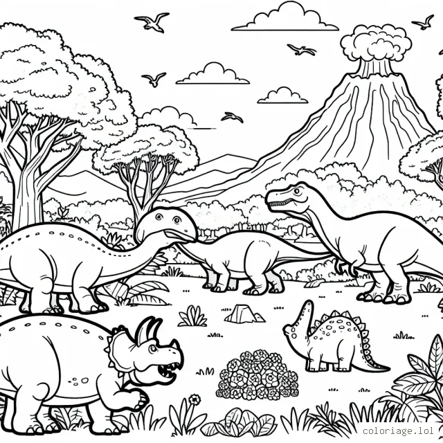 Une journée mouvementée au pays des dinosaures ! Des tyrannosaures chassant leur proie, des diplodocus broutant paisiblement et un volcan en éruption au loin.