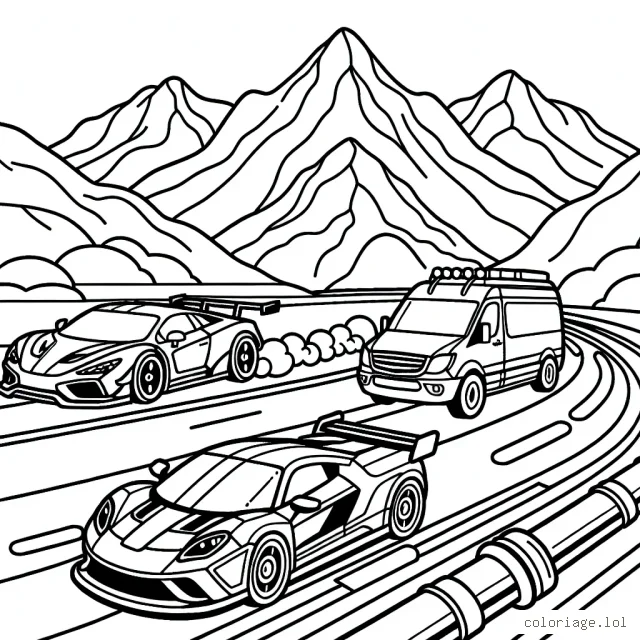 Dessine une course effrénée entre une voiture de sport, une camionnette et un véhicule futuriste sur une piste avec des montagnes en arrière-plan.