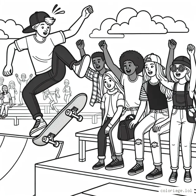 Dessine un skateur exécutant un fantastique saut dans un grand parc de skate, entouré d'amis impressionnés qui applaudissent.
