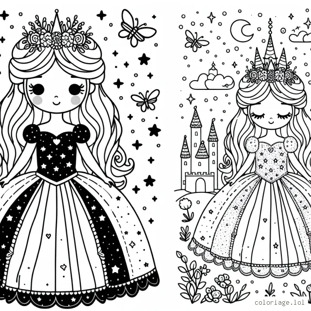 Une élégante princesse vêtue d'une magnifique robe pleine d'étoiles, évoluant dans un univers féérique parsemé de lucioles, de châteaux étincelants et de licornes
