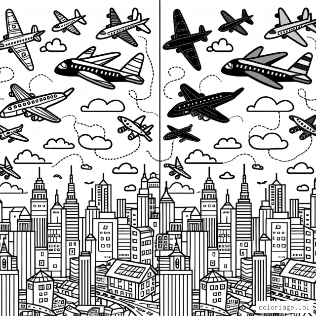 Voici une scène animée où divers types d'avions survolent une ville animée. Quels couleurs allez-vous choisir pour vos avions et la ville en dessous ?