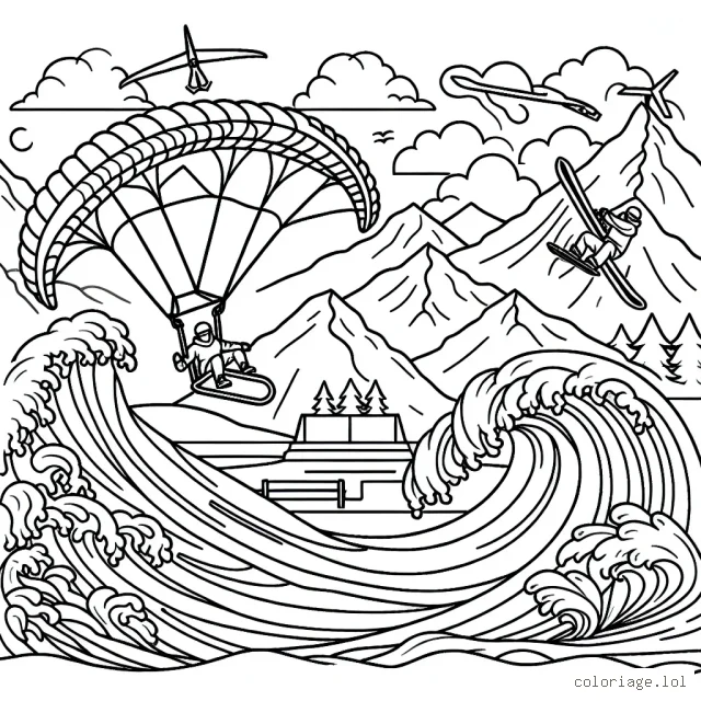 Un parapente en plein vol au dessous d'une chaîne de montagnes couronnées de neige, un skieur effectuant un saut acrobatique sur un half-pipe enneigé, et un surfeur défiant de grandes vagues dans l'océan.